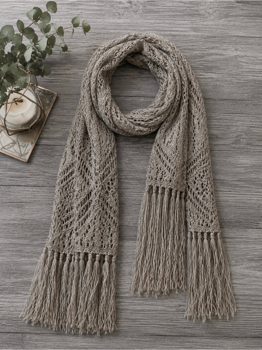 Maurices Shimmer Knit Fringe Scarf | Open Knit Metallic Infinity Wrap | One Size